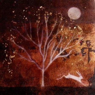 Painting of a gold landscape, white tree, hare and full moon
