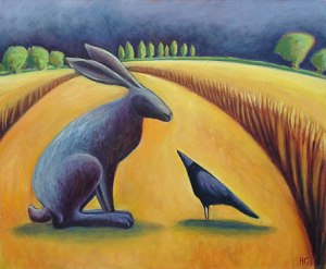 A hare and a jackdaw contemplate each other